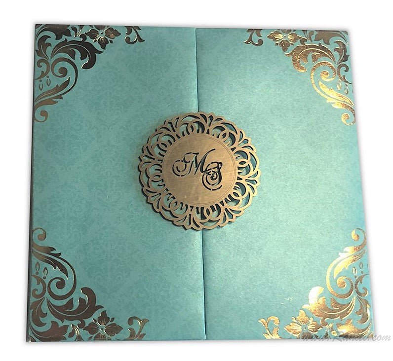 Teal Luxury Gold Foil Laser Cut Custom Invitation Card AMHL-184 | Raniti | Custom Invitations & Stationery | customized wedding cards | customize wedding invitations