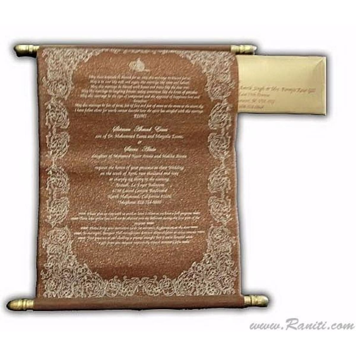 Brown and Golden Custom Walima Nikkah Scroll Invitation Card AMSC-4