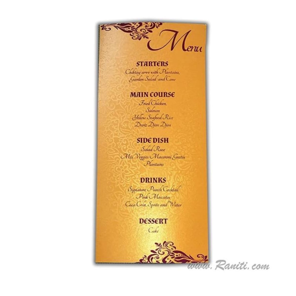 Dinner menu card for wedding reception