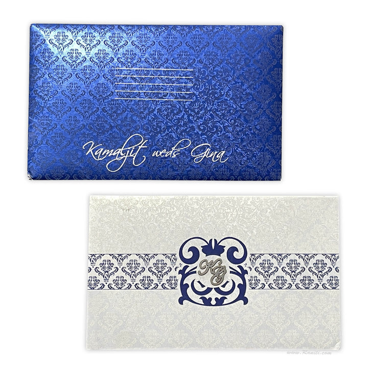 Blue and White Rectangle Custom Invitation Card with Laser Cut Monogram Initials AML-200  Raniti LLC - Custom Invitations & Stationery