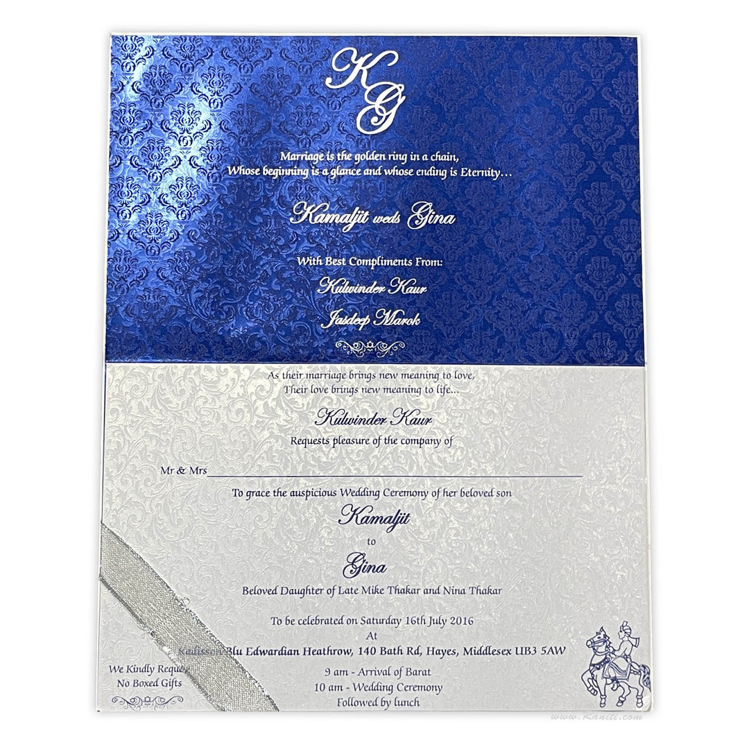 Blue and White Rectangle Custom Invitation Card with Laser Cut Monogram Initials AML-200  Raniti LLC - Custom Invitations & Stationery