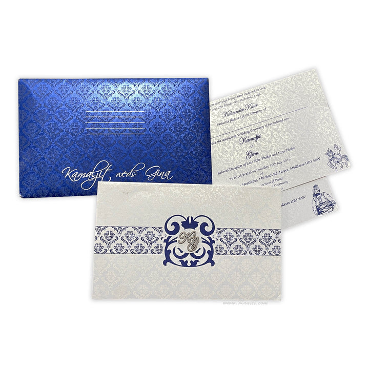 Blue and White Rectangle Custom Invitation Card with Laser Cut Monogram Initials AML-200  Raniti LLC - Custom Invitations & Stationery