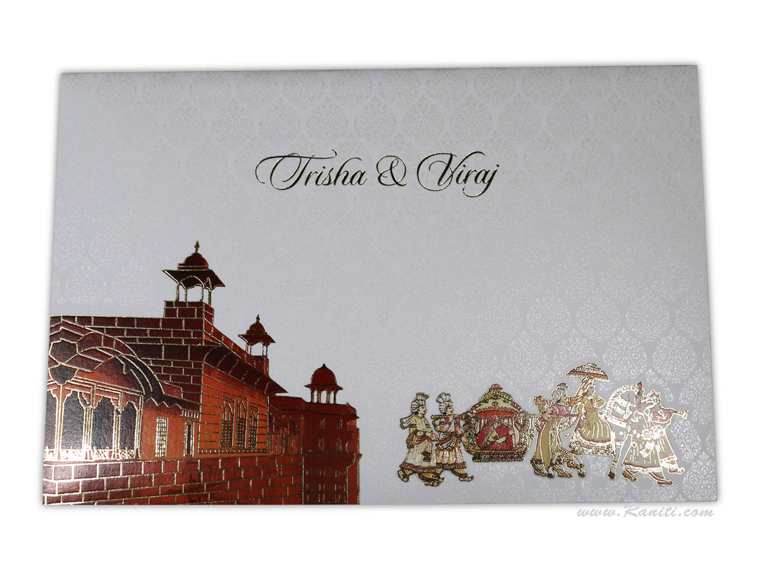 Foil Damask Traditional Royal Wedding Custom Invitation Card | Fort Traditional Wedding Luxury Invitations ACD-5  Raniti LLC - Custom Invitations & Stationery