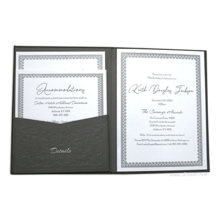 Suede Blin Emboss Portrait Hard Cover Custom Invitation Card | Luxury Suede Blind Emboss, Thermography, Custom Invitation Card with Multiple Inserts ACDH-10  Raniti LLC - Custom Invitations & Stationery