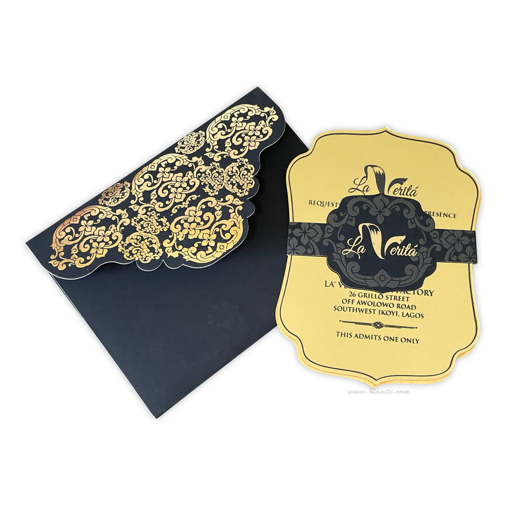 Mirror Acrylic Laser Cut Customized Wedding Invitation with Die Cut Envelope, Foil Print and Belly Band ACDL-24  Raniti LLC - Custom Invitations & Stationery