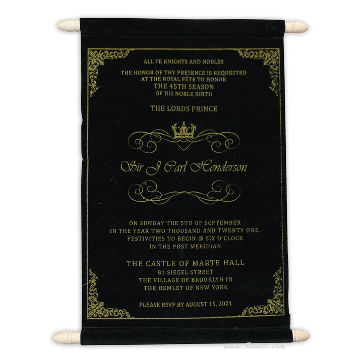 Black Velvet and Golden Royal Scroll Invitation | Custom Scroll Invitation Card ACDSC-12  Raniti LLC - Custom Invitations & Stationery