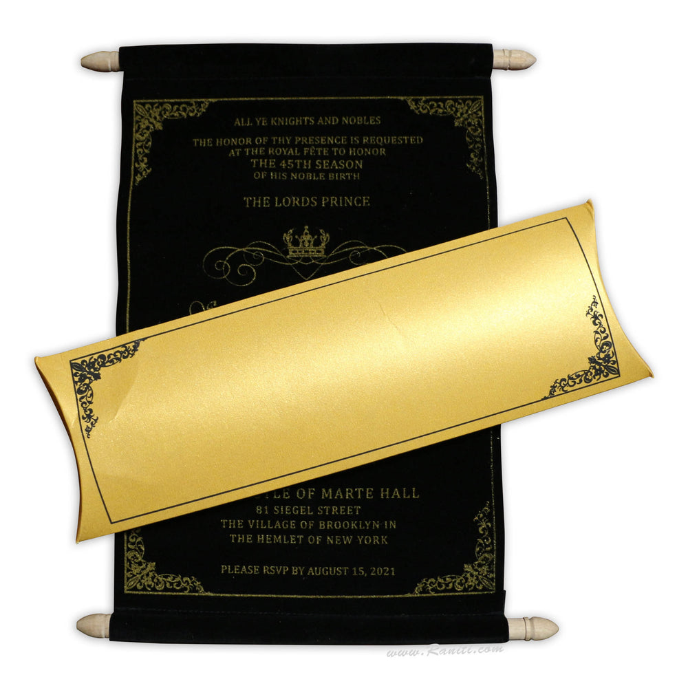 Black Velvet and Golden Royal Scroll Invitation | Custom Scroll Invitation Card ACDSC-12  Raniti LLC - Custom Invitations & Stationery