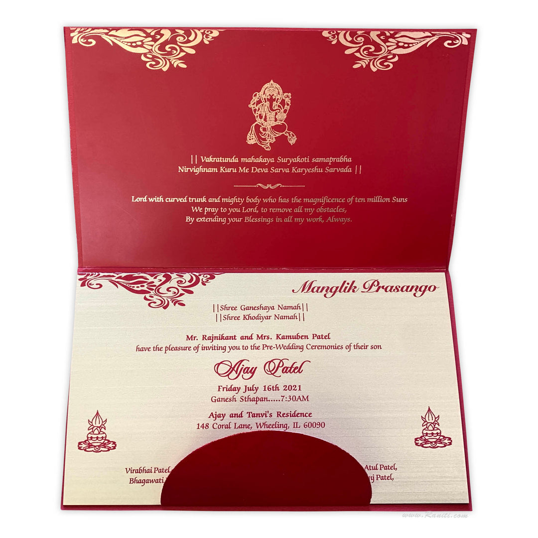 Red and Golden Rectangle Custom Hindu Wedding Invitation with Embossed Foil Ganesh Image Card with Multicolored Inserts AM-103  Raniti LLC - Custom Invitations & Stationery