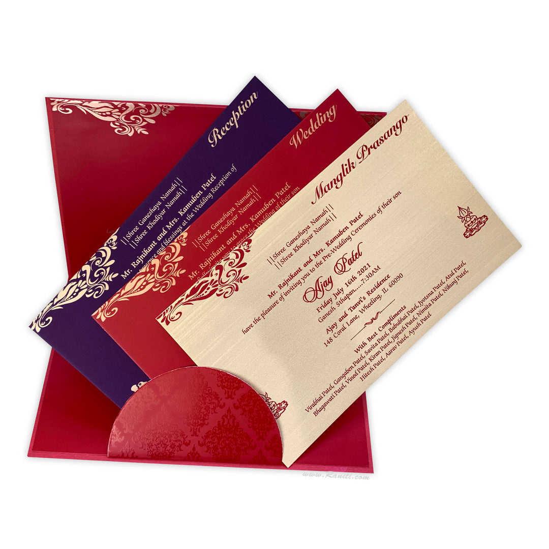 Red and Golden Rectangle Custom Hindu Wedding Invitation with Embossed Foil Ganesh Image Card with Multicolored Inserts AM-103  Raniti LLC - Custom Invitations & Stationery