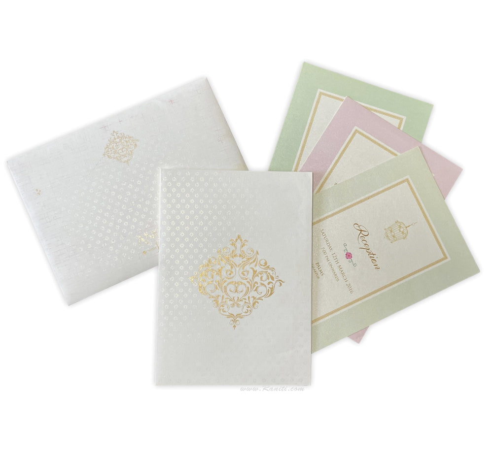 Custom Classic Invitation Card with Multiple Pastel Inserts | White Wedding Invitation Card AM-126  Raniti LLC - Custom Invitations & Stationery