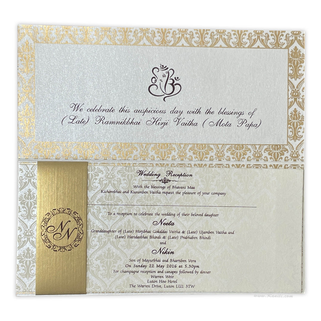 Peach and Pearl White Damask Theme Rectangle Custom Invitation Card Multiple Inserts AM-135  Raniti LLC - Custom Invitations & Stationery