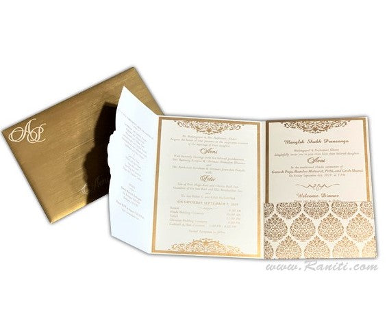 Trifold Blue Classic Custom Invitation Card, His and Her Bride & Groom Invitation AM-363  Raniti LLC - Custom Invitations & Stationery