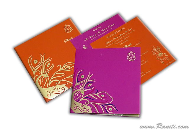 Peacock Theme Fuchsia Pink and Orange Custom Invitation Card with Multiple Inserts AM-17