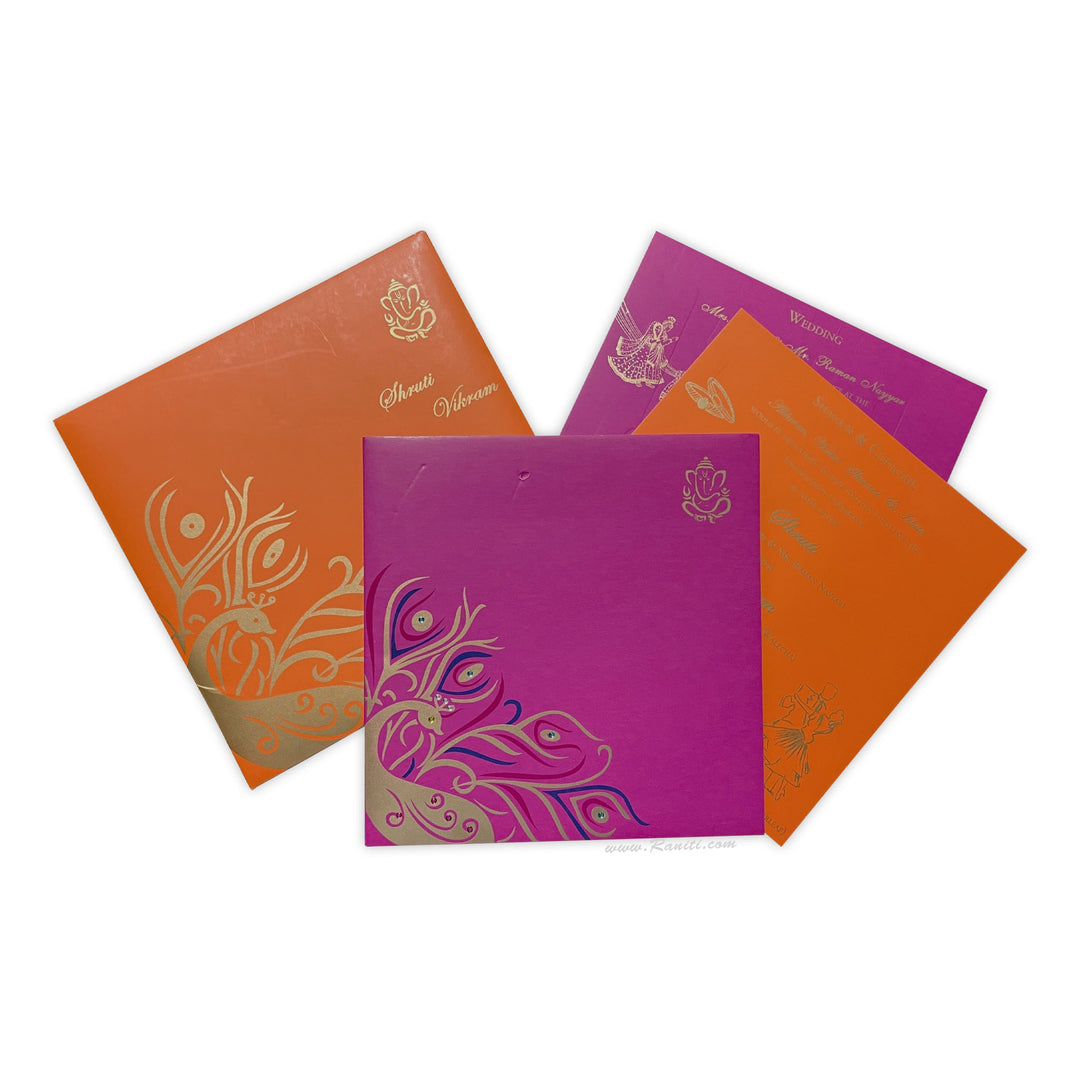 Peacock Theme Fuchsia Pink and Orange Custom Invitation Card with Multiple Inserts AM-17