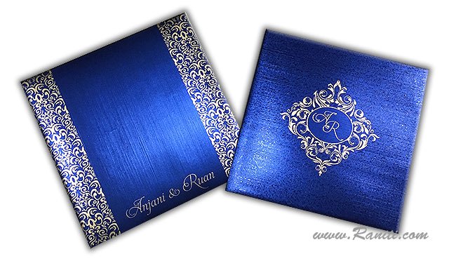 Damask Print Blue Custom Invitation Card | Wedding Invitation Card with Multiple Inserts AM-237  Raniti LLC - Custom Invitations & Stationery