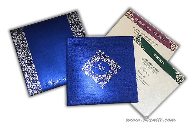 Damask Print Blue Custom Invitation Card | Wedding Invitation Card with Multiple Inserts AM-237 Deluxe Raniti LLC - Custom Invitations & Stationery