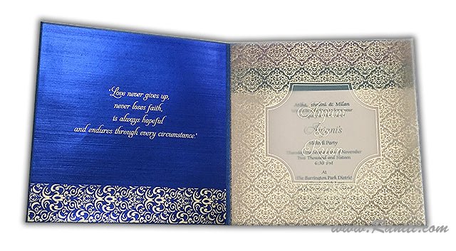 Damask Print Blue Custom Invitation Card | Wedding Invitation Card with Multiple Inserts AM-237  Raniti LLC - Custom Invitations & Stationery