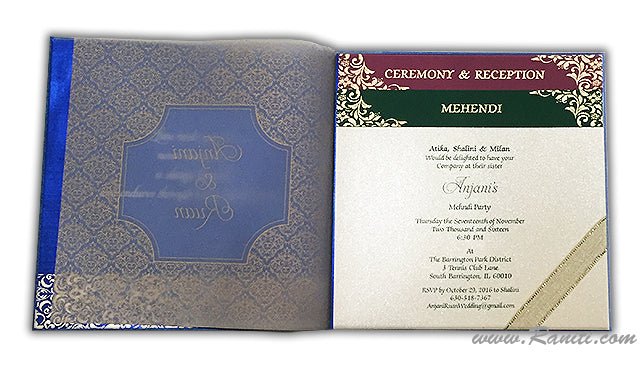 Damask Print Blue Custom Invitation Card | Wedding Invitation Card with Multiple Inserts AM-237  Raniti LLC - Custom Invitations & Stationery