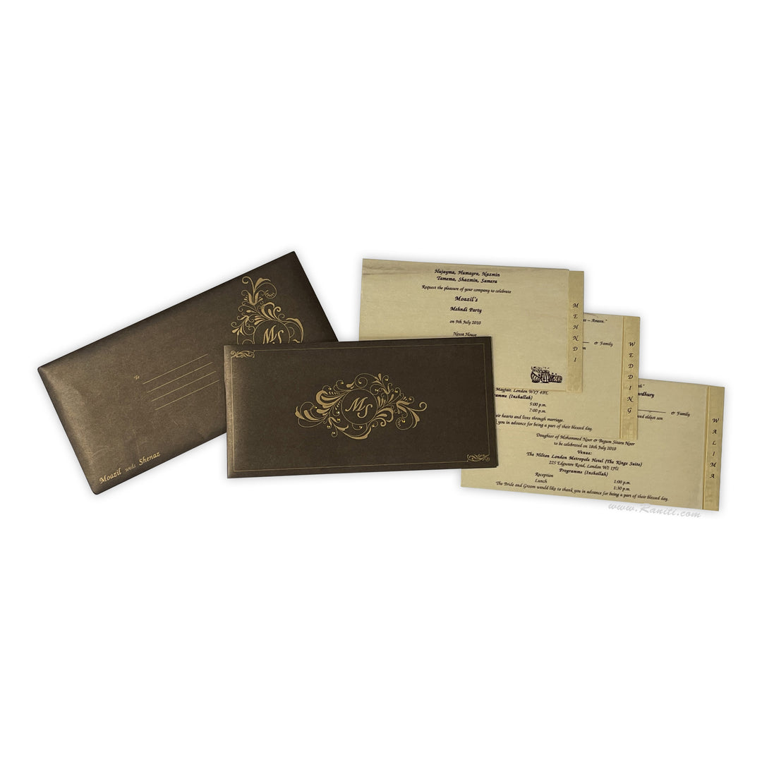 Brown and Golden Rectangle Custom Invitation Card, Custom Invitation Card with Cascading Inserts AM-241  Raniti LLC - Custom Invitations & Stationery