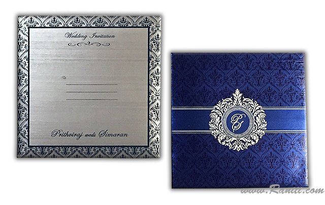 Damask Print Blue and Silver Custom Invitation Card | Wedding Invitation Card with Multiple Inserts AM-267  Raniti LLC - Custom Invitations & Stationery