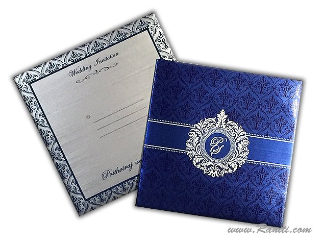 Damask Print Blue and Silver Custom Invitation Card | Wedding Invitation Card with Multiple Inserts AM-267  Raniti LLC - Custom Invitations & Stationery