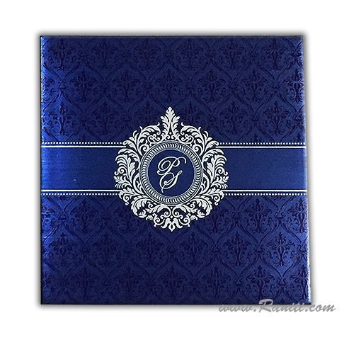 Damask Print Blue and Silver Custom Invitation Card | Wedding Invitation Card with Multiple Inserts AM-267  Raniti LLC - Custom Invitations & Stationery