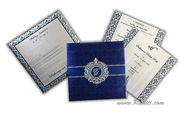 Damask Print Blue and Silver Custom Invitation Card | Wedding Invitation Card with Multiple Inserts AM-267 Deluxe Raniti LLC - Custom Invitations & Stationery