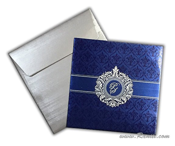 Damask Print Blue and Silver Custom Invitation Card | Wedding Invitation Card with Multiple Inserts AM-267  Raniti LLC - Custom Invitations & Stationery