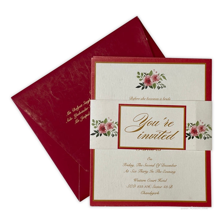 White and Red Floral Classic Vintage Custom Invitation Card with Belly Band | Floral Belly Band Custom Invitation Card AM-269  Raniti LLC - Custom Invitations & Stationery