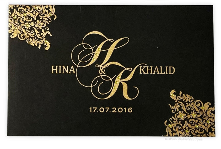 Black Rectangle Islamic Custom Invitation Card with Stones | Custom Black Wedding Invitation Card AM-300  Raniti LLC - Custom Invitations & Stationery