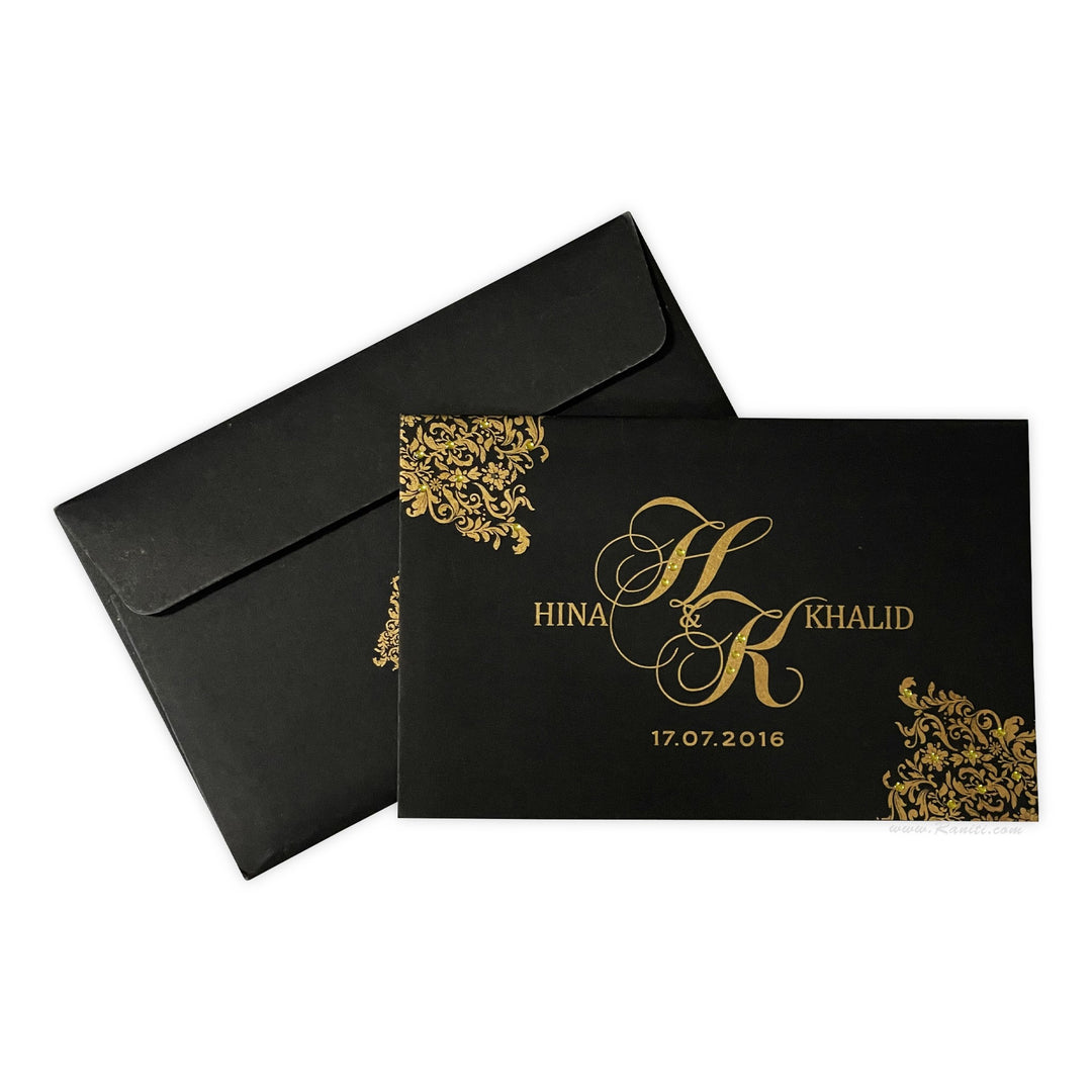 Black Rectangle Islamic Custom Invitation Card with Stones | Custom Black Wedding Invitation Card AM-300  Raniti LLC - Custom Invitations & Stationery