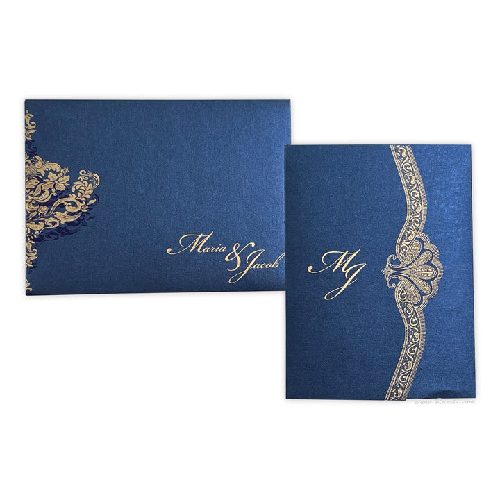 Trifold Blue Classic Custom Invitation Card, His and Her Bride & Groom Invitation AM-363  Raniti LLC - Custom Invitations & Stationery