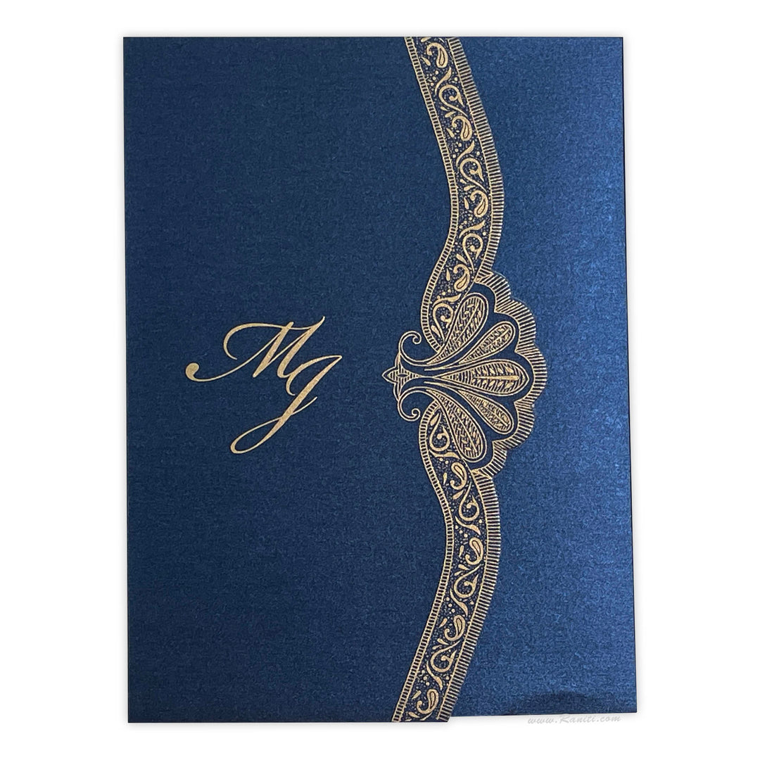 Trifold Blue Classic Custom Invitation Card, His and Her Bride & Groom Invitation AM-363  Raniti LLC - Custom Invitations & Stationery