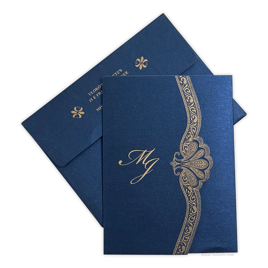 Trifold Blue Classic Custom Invitation Card, His and Her Bride & Groom Invitation AM-363  Raniti LLC - Custom Invitations & Stationery