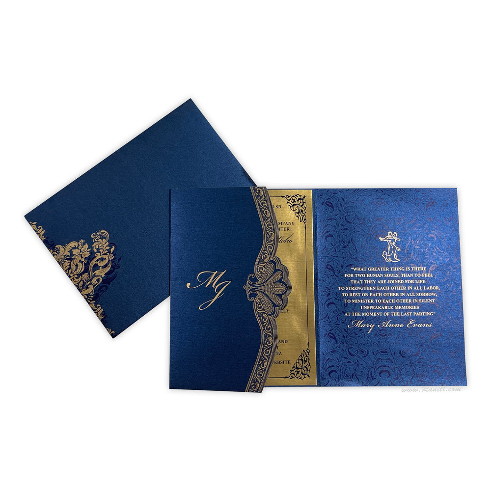 Trifold Blue Classic Custom Invitation Card, His and Her Bride & Groom Invitation AM-363  Raniti LLC - Custom Invitations & Stationery