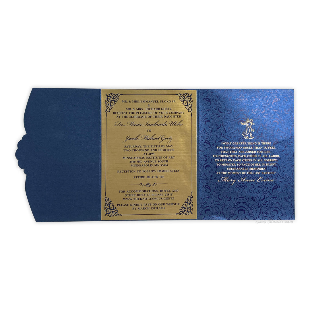 Trifold Blue Classic Custom Invitation Card, His and Her Bride & Groom Invitation AM-363  Raniti LLC - Custom Invitations & Stationery