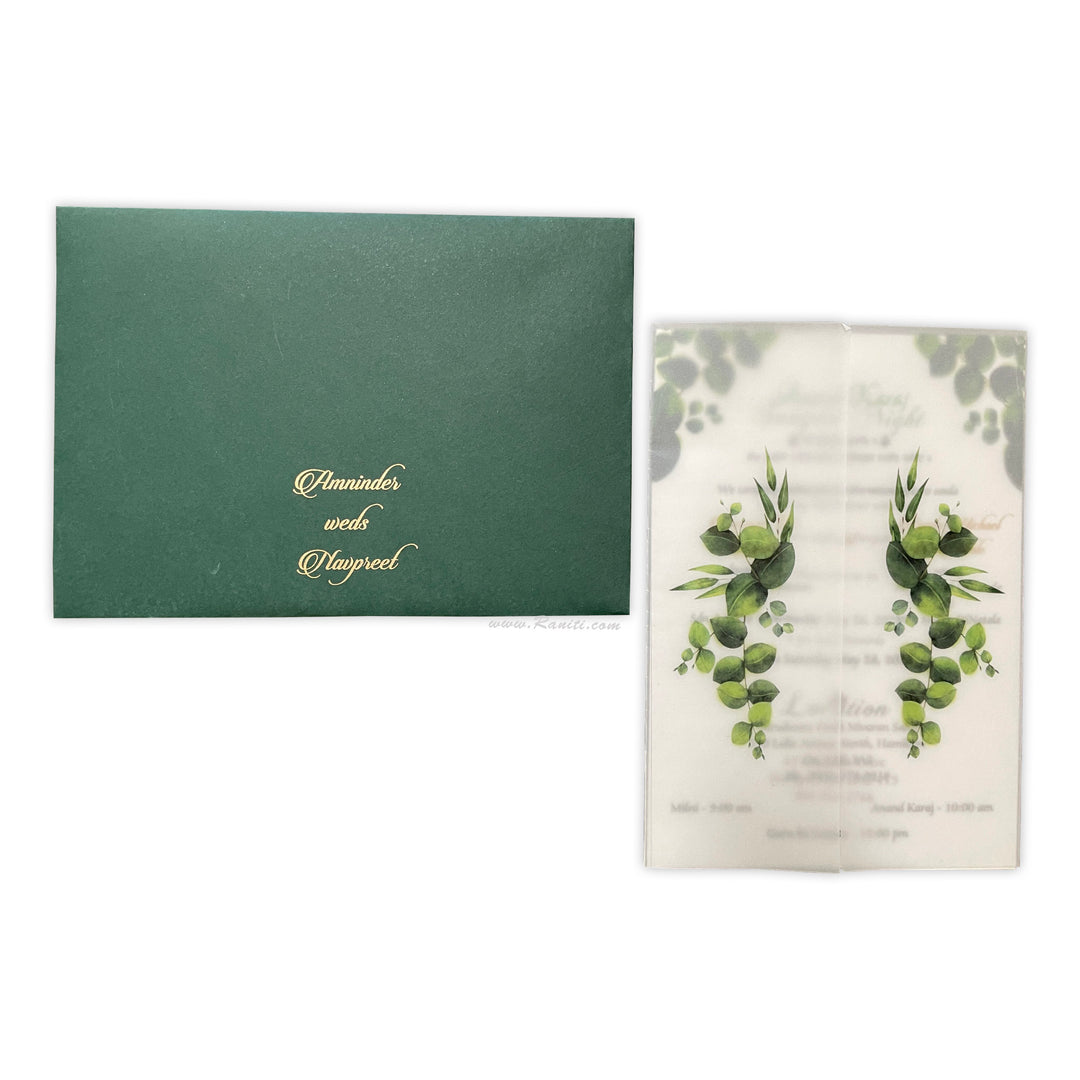 Rustic Greenery Emerald Botanical Leaves Wedding Invitation | Vellum Folder Rustic Invitation Card with Matching Inserts AM-374  Raniti LLC - Custom Invitations & Stationery