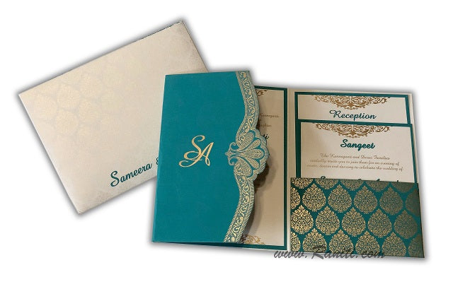 Trifold Blue Classic Custom Invitation Card, His and Her Bride & Groom Invitation AM-363  Raniti LLC - Custom Invitations & Stationery