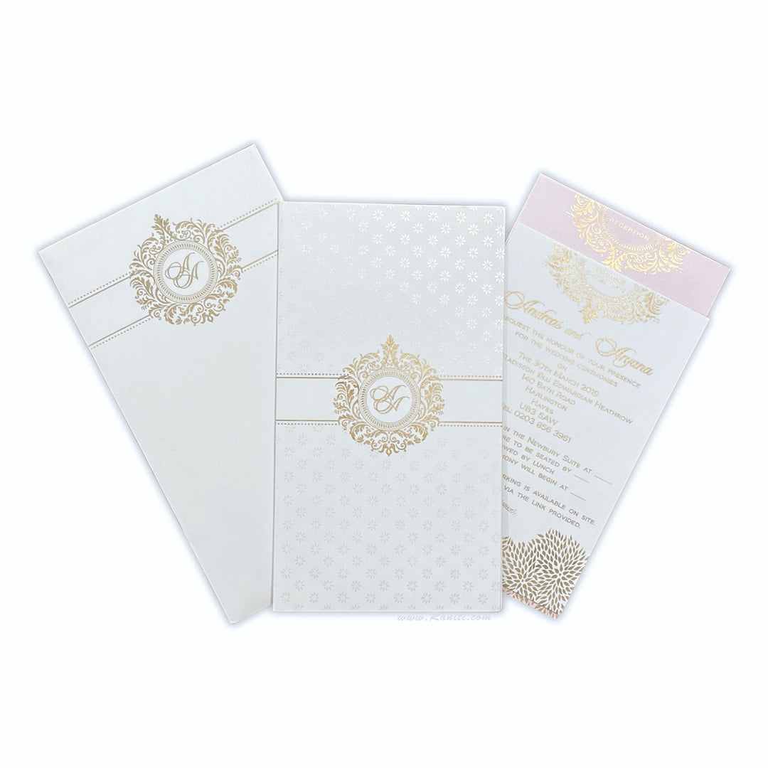 White Portrait Custom Invitation Card with Multiple Inserts | Custom Invitation card with Cascading inserts His & Her Set AM-38  Raniti LLC - Custom Invitations & Stationery