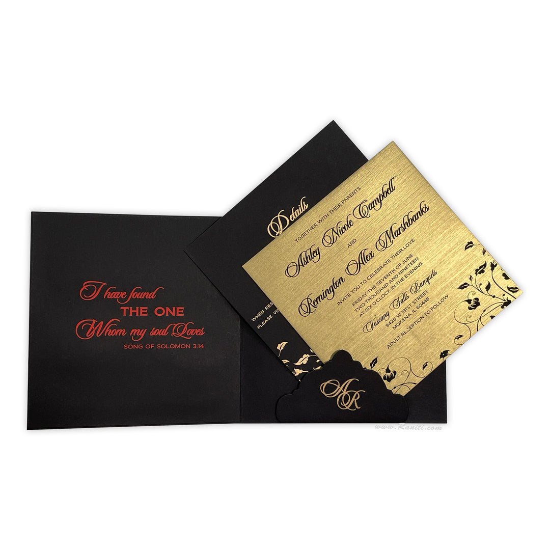 Custom Black and Golden Nikah Wedding Invitation Card | Black Custom Muslim Invitation Card with Multiple Inserts AM-402  Raniti LLC - Custom Invitations & Stationery