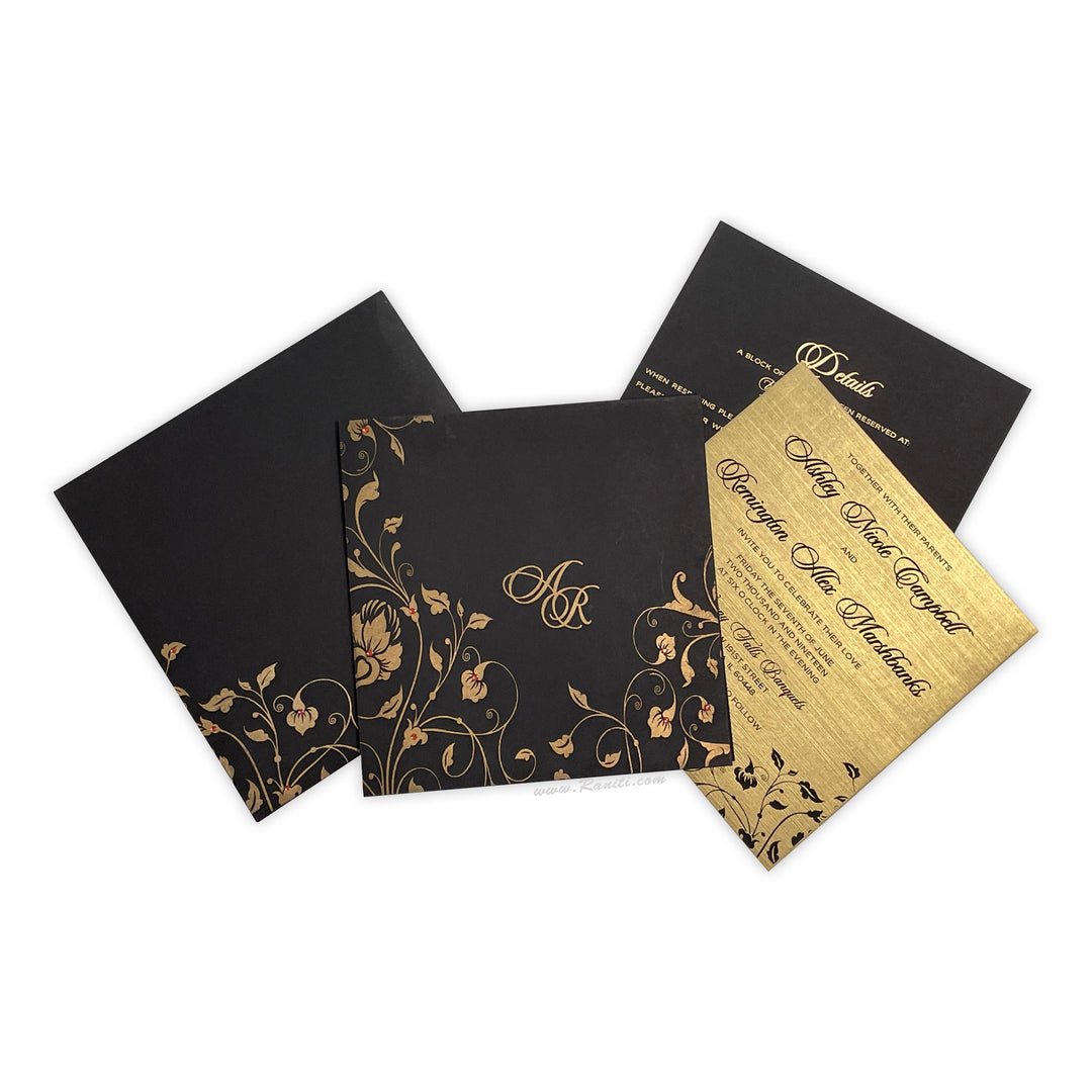 Custom Black and Golden Nikah Wedding Invitation Card | Black Custom Muslim Invitation Card with Multiple Inserts AM-402  Raniti LLC - Custom Invitations & Stationery