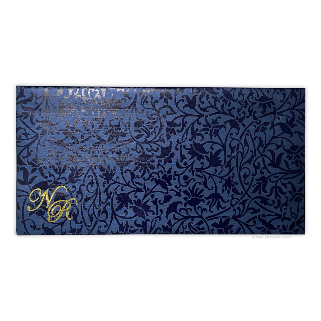 Custom Blue with Damask Print Wedding Invitation Card and Staggered Inserts AM-449  Raniti LLC - Custom Invitations & Stationery