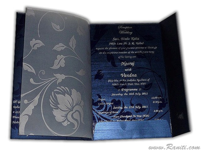 Blue Portrait Custom Wedding Invitation Card with Vellum and Cascading Inserts AM-457  Raniti LLC - Custom Invitations & Stationery