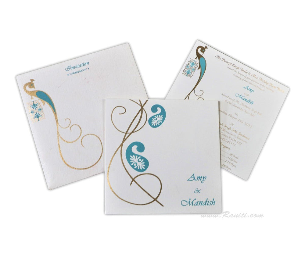 Paisley Peacock Theme Classic White Square Custom Wedding Invitation Card with Multiple Cascading Inserts | Classic Custom Invitation with Multiple Inserts AM-546 Premium Raniti LLC - Custom Invitations & Stationery