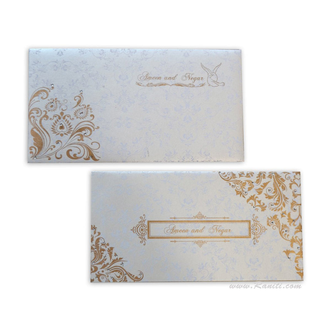 Custom Elegant White Wedding Invitation Card, Damask Print and Decorative Stones, Classic Wedding Invitation AM-572  Raniti LLC - Custom Invitations & Stationery