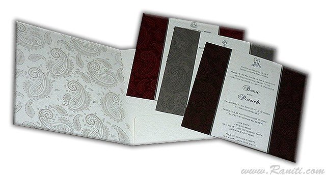 Classic Custom Invitation Card with Multiple Inserts Silver Foil Monogram | White Wedding Custom Invitation Card with Gold Foil Monogram and Colored Inserts AM-57  Raniti LLC - Custom Invitations & Stationery