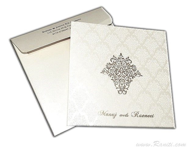 Damask Print Classic Square White Custom Invitation Card | Classic White Custom Invitation Card with Multiple Inserts AM-632  Raniti LLC - Custom Invitations & Stationery