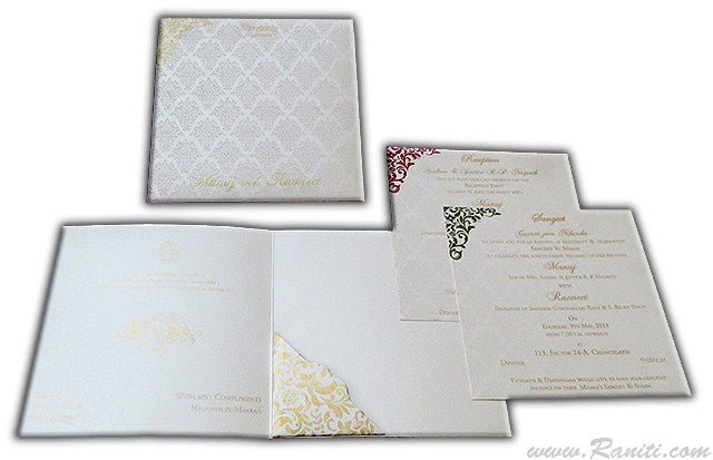 Damask Print Classic Square White Custom Invitation Card | Classic White Custom Invitation Card with Multiple Inserts AM-632  Raniti LLC - Custom Invitations & Stationery