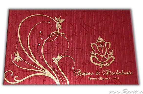 Red Rectangle Wedding Custom Invitation Card with Stones | Custom Ganesh Red Wedding Invitation Card AM-645  Raniti LLC - Custom Invitations & Stationery