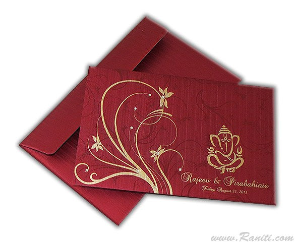 Red Rectangle Wedding Custom Invitation Card with Stones | Custom Ganesh Red Wedding Invitation Card AM-645  Raniti LLC - Custom Invitations & Stationery